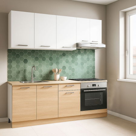 Bucatarii Moderne - Set bucatarie GERMANIA 180 cm, 6 corpuri, corp cuptor, 1 sertar, blat gros, sonoma + alb