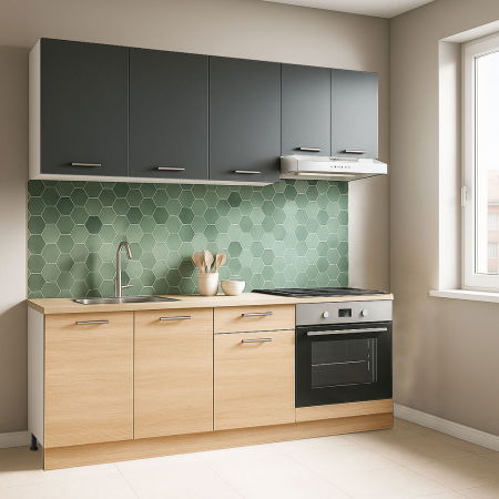 Produs în România - Set bucatarie GERMANIA 180 cm, 6 corpuri, corp cuptor, 1 sertar, blat gros, sonoma + antracit