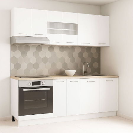 Bucatarii Moderne - Set bucatarie GERMANIA 200 cm, 6 corpuri, corp cuptor, blat gros, alb