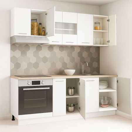 Bucatarii Moderne - Set bucatarie GERMANIA 200 cm, 6 corpuri, corp cuptor, blat gros, alb