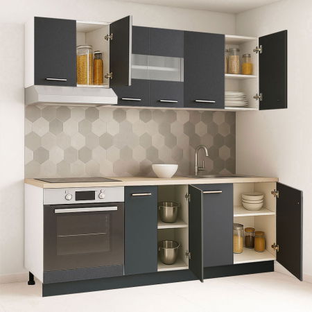 Bucatarii Moderne - Set bucatarie GERMANIA 200 cm, 6 corpuri, corp cuptor, blat gros, antracit