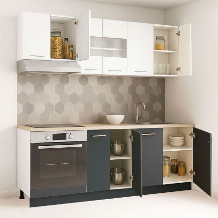 Bucatarii Moderne - Set bucatarie GERMANIA 200 cm, 6 corpuri, corp cuptor, blat gros, antracit + alb