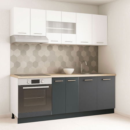 Bucatarii Moderne - Set bucatarie GERMANIA 200 cm, 6 corpuri, corp cuptor, blat gros, antracit + alb