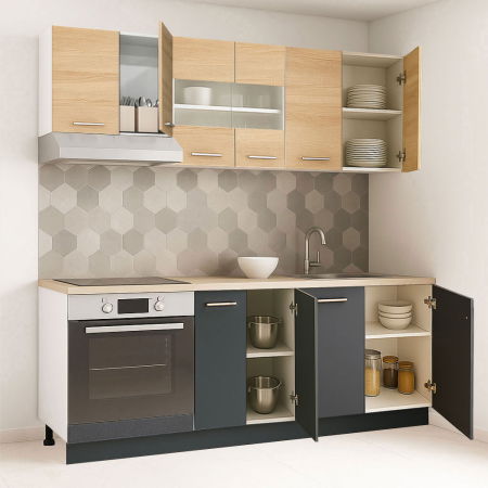 Produs în România - Set bucatarie GERMANIA 200 cm, 6 corpuri, corp cuptor, blat gros, antracit + sonoma