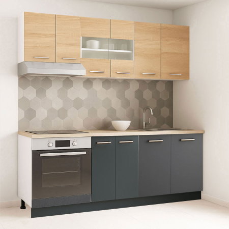 Produs în România - Set bucatarie GERMANIA 200 cm, 6 corpuri, corp cuptor, blat gros, antracit + sonoma