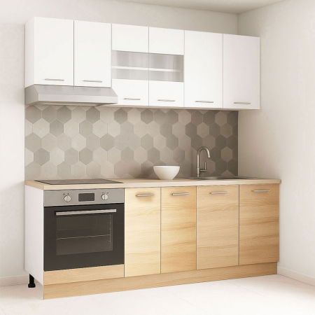 Bucatarii Moderne - Set bucatarie GERMANIA 200 cm, 6 corpuri, corp cuptor, blat gros, sonoma + alb