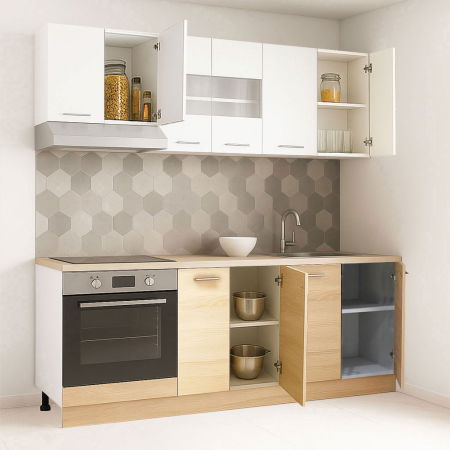 Bucatarii Moderne - Set bucatarie GERMANIA 200 cm, 6 corpuri, corp cuptor, blat gros, sonoma + alb