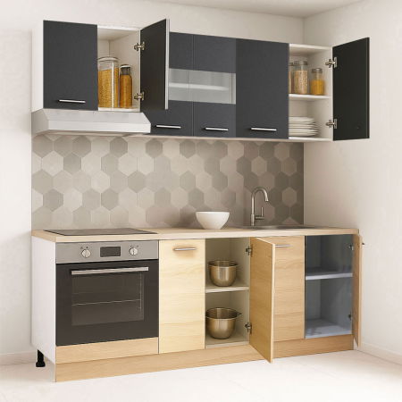 Bucatarii Moderne - Set bucatarie GERMANIA 200 cm, 6 corpuri, corp cuptor, blat gros, sonoma + antracit