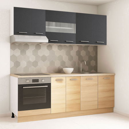 Bucatarii Moderne - Set bucatarie GERMANIA 200 cm, 6 corpuri, corp cuptor, blat gros, sonoma + antracit