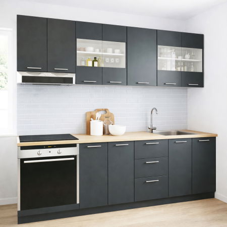 Set bucatarie GERMANIA 220 cm, 8 corpuri, corp cuptor, 3 sertare, blat gros, antracit [0]