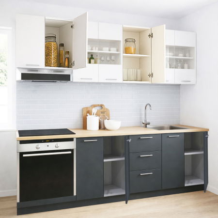 Set bucatarie GERMANIA 220 cm, 8 corpuri, corp cuptor, 3 sertare, blat gros, antracit + alb [1]