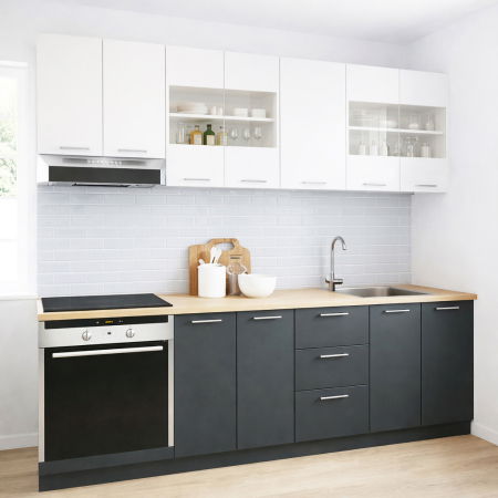 Set bucatarie GERMANIA 220 cm, 8 corpuri, corp cuptor, 3 sertare, blat gros, antracit + alb [0]