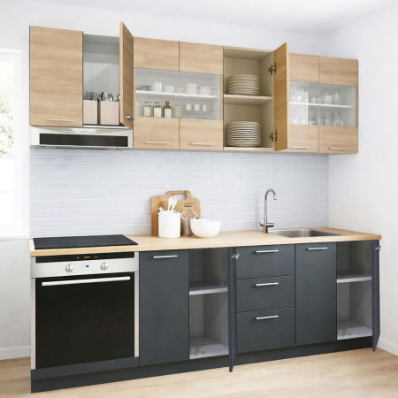 Set bucatarie GERMANIA 220 cm, 8 corpuri, corp cuptor, 3 sertare, blat gros, antacit + sonoma [1]