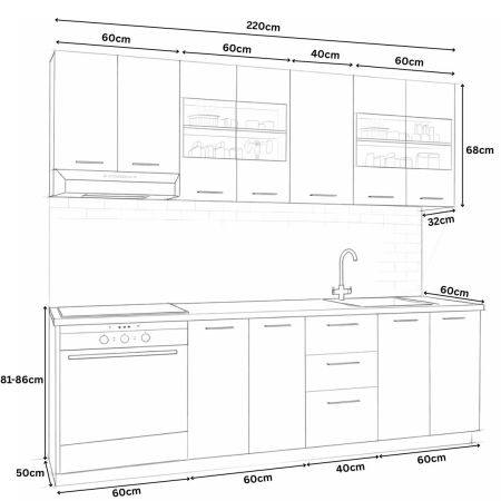 Set bucatarie GERMANIA 220 cm, 8 corpuri, corp cuptor, 3 sertare, blat gros, sonoma + antracit [2]