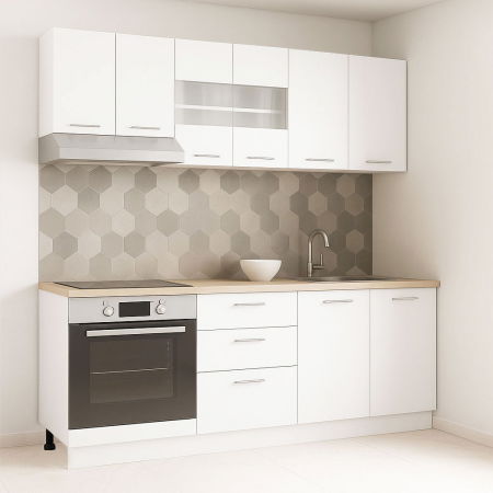 Bucatarii Moderne - Set bucatarie GERMANIA 200 cm, 6 corpuri, corp cuptor, 3 sertare, blat gros, alb