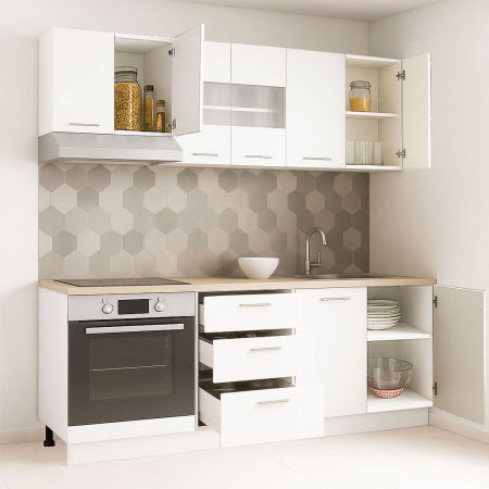 Bucatarii Moderne - Set bucatarie GERMANIA 200 cm, 6 corpuri, corp cuptor, 3 sertare, blat gros, alb