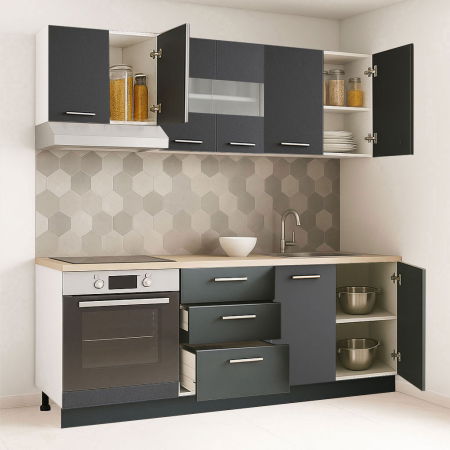 Bucatarii Moderne - Set bucatarie GERMANIA 200 cm, 6 corpuri, corp cuptor, 3 sertare, blat gros, antracit