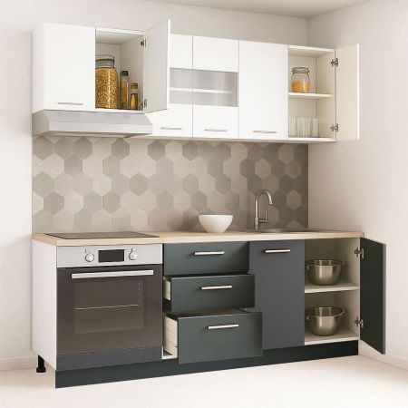 Bucatarii Moderne - Set bucatarie GERMANIA 200 cm, 6 corpuri, corp cuptor, 3 sertare, blat gros, antracit + alb