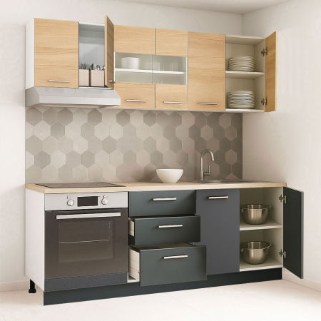 Bucatarii Moderne - Set bucatarie GERMANIA 200 cm, 6 corpuri, corp cuptor, 3 sertare, blat gros, antracit + sonoma