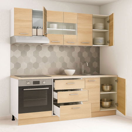 Bucatarii Moderne - Set bucatarie GERMANIA 200 cm, 6 corpuri, corp cuptor, 3 sertare, blat gros, sonoma