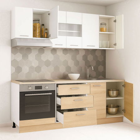 Bucatarii Moderne - Set bucatarie GERMANIA 200 cm, 6 corpuri, corp cuptor, 3 sertare, blat gros, sonoma + alb