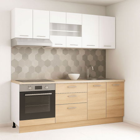 Bucatarii Moderne - Set bucatarie GERMANIA 200 cm, 6 corpuri, corp cuptor, 3 sertare, blat gros, sonoma + alb