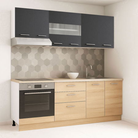 Bucatarii Moderne - Set bucatarie GERMANIA 200 cm, 6 corpuri, corp cuptor, 3 sertare, blat gros, sonoma + antracit