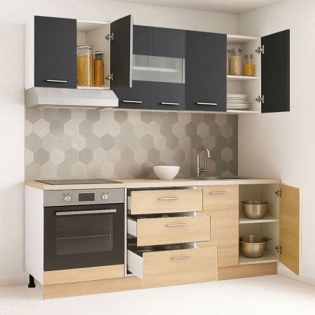 Bucatarii Moderne - Set bucatarie GERMANIA 200 cm, 6 corpuri, corp cuptor, 3 sertare, blat gros, sonoma + antracit