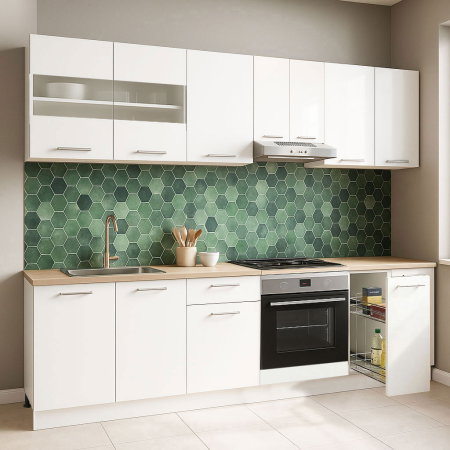 Bucatarii Moderne - Set bucatarie GERMANIA 240 cm, 9 corpuri, corp cuptor, corp Jolly, blat gros, alb