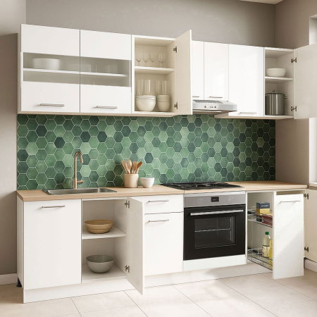 Bucatarii Moderne - Set bucatarie GERMANIA 240 cm, 9 corpuri, corp cuptor, corp Jolly, blat gros, alb