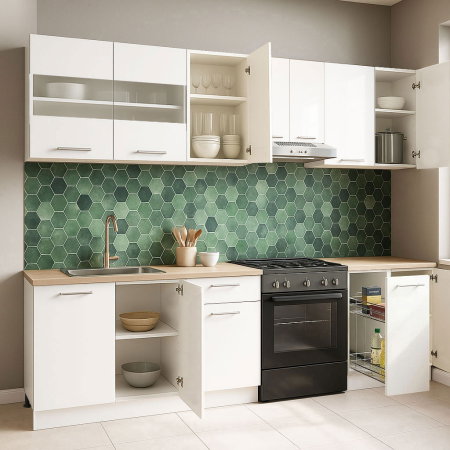 Bucatarii Moderne - Set bucatarie GERMANIA 240 cm, 8 corpuri, corp Jolly, blat gros, alb