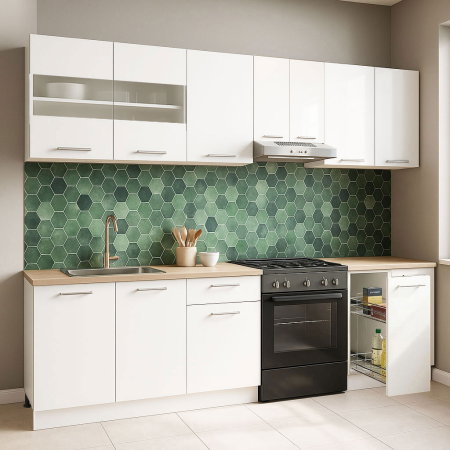 Bucatarii Moderne - Set bucatarie GERMANIA 240 cm, 8 corpuri, corp Jolly, blat gros, alb
