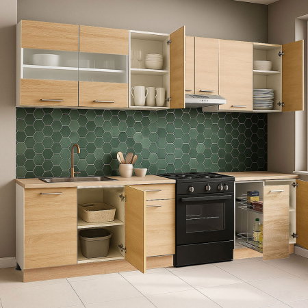 Produs în România - Set bucatarie GERMANIA 240 cm, 8 corpuri, corp Jolly, blat gros, sonoma