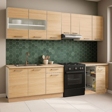 Produs în România - Set bucatarie GERMANIA 240 cm, 8 corpuri, corp Jolly, blat gros, sonoma