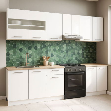 Bucatarii Moderne - Set bucatarie GERMANIA 240 cm, 7 corpuri, blat gros, alb