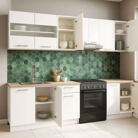 Bucatarii Moderne - Set bucatarie GERMANIA 240 cm, 7 corpuri, blat gros, alb