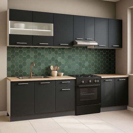 Set bucatarie GERMANIA 240 cm, 7 corpuri, blat gros, antracit [0]