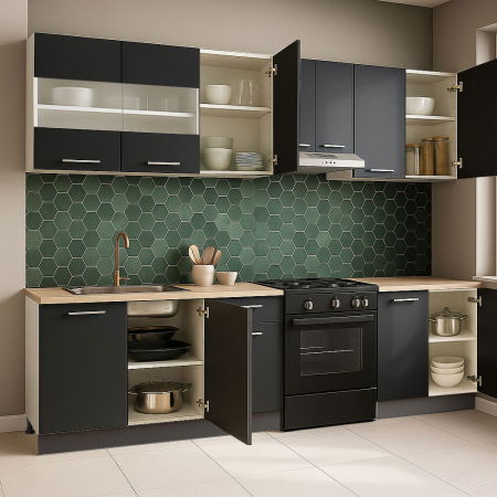 Set bucatarie GERMANIA 240 cm, 7 corpuri, blat gros, antracit [1]