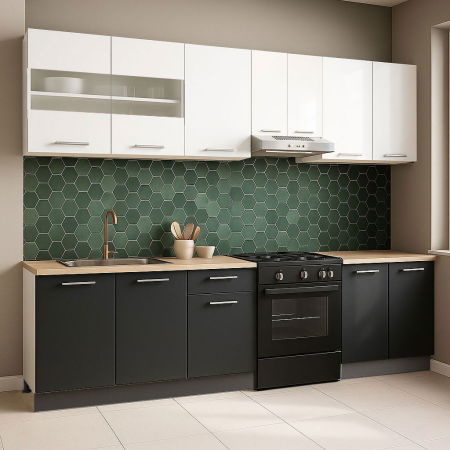 Bucatarii Moderne - Set bucatarie GERMANIA 240 cm, 7 corpuri, blat gros, antracit + alb