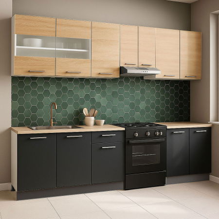 Bucatarii Moderne - Set bucatarie GERMANIA 240 cm, 7 corpuri, blat gros, antracit + sonoma