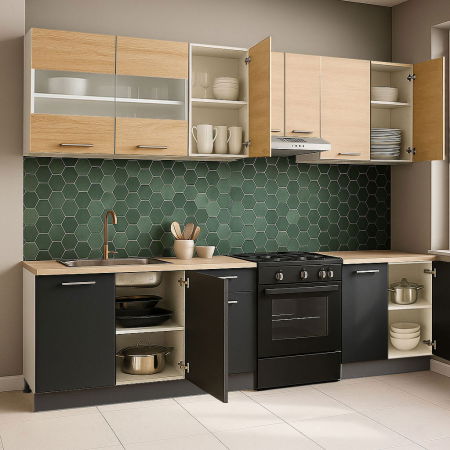 Bucatarii Moderne - Set bucatarie GERMANIA 240 cm, 7 corpuri, blat gros, antracit + sonoma