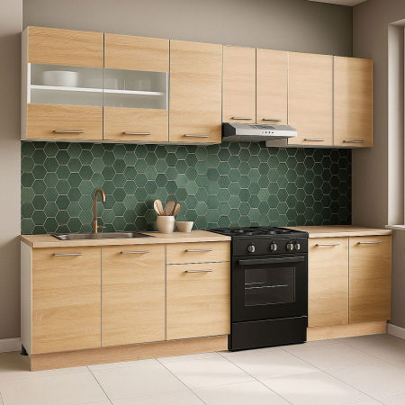 Bucatarii Moderne - Set bucatarie GERMANIA 240 cm, 7 corpuri, blat gros, sonoma