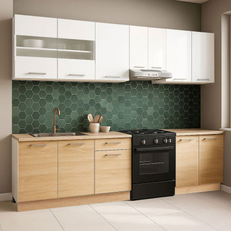 Bucatarii Albe - Set bucatarie GERMANIA 240 cm, 7 corpuri, blat gros, sonoma + alb