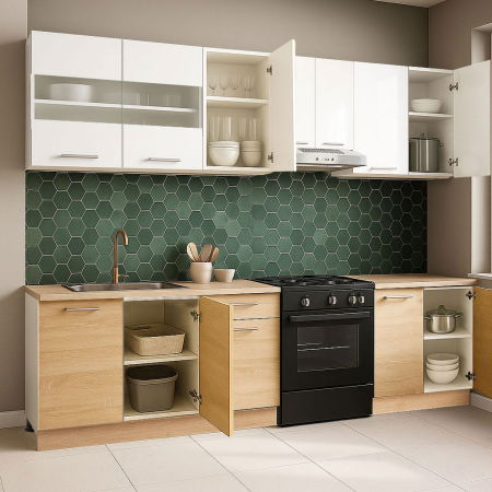 Bucatarii Albe - Set bucatarie GERMANIA 240 cm, 7 corpuri, blat gros, sonoma + alb