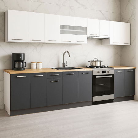 Set bucatarie GERMANIA 320 cm, 9 corpuri, blat gros, antracit + alb [0]