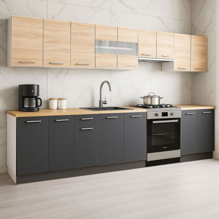 Bucatarii Moderne - Set bucatarie GERMANIA 320 cm, 9 corpuri, blat gros, antracit + sonoma