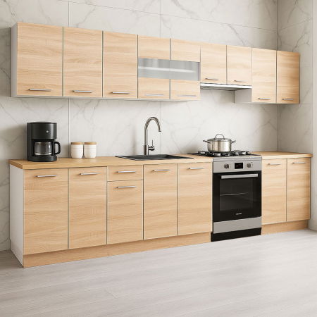 Bucatarii Moderne - Set bucatarie GERMANIA 320 cm, 9 corpuri, blat gros, sonoma