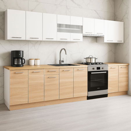 Bucatarii Albe - Set bucatarie GERMANIA 320 cm, 9 corpuri, blat gros, sonoma + alb