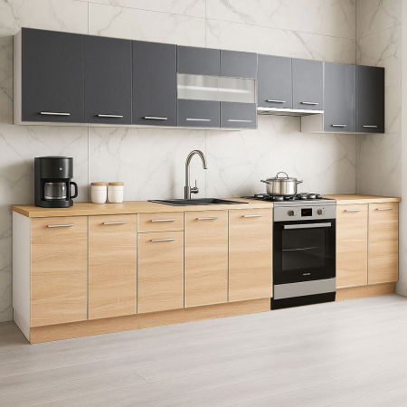 Bucatarii Moderne - Set bucatarie GERMANIA 320 cm, 9 corpuri, blat gros, sonoma + antracit