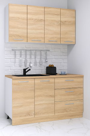 Produs în România - Set bucatarie GERMANIA 140 cm, 4 corpuri, 3 sertare, blat gros, sonoma
